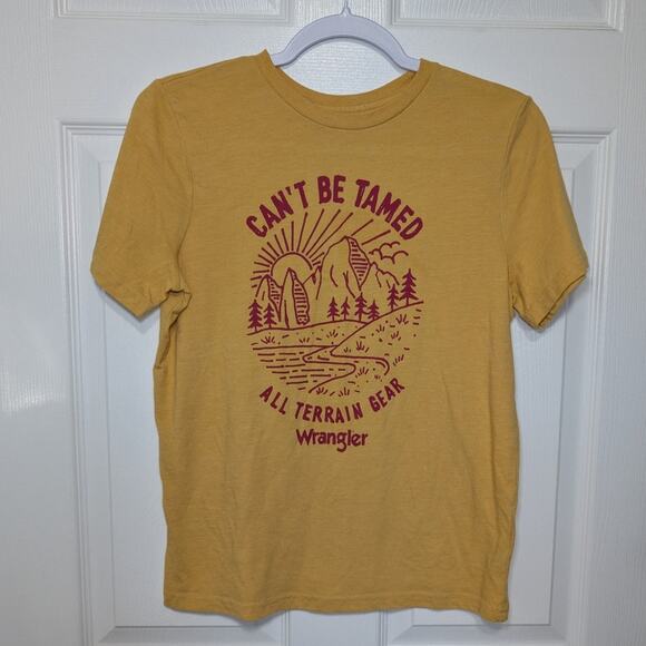 Womens Wrangler Graphic Tee Shirt Size Small Mustard Yellow Can't Be Tamed - Picture 6 of 6